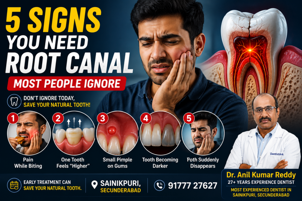 “5 hidden signs you may need a root canal treatment – Dr. Anil Kumar Reddy, most experienced dentist in Sainikpuri Secunderabad.”