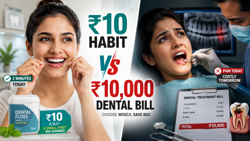 “Woman flossing teeth to prevent cavities and expensive dental treatment”