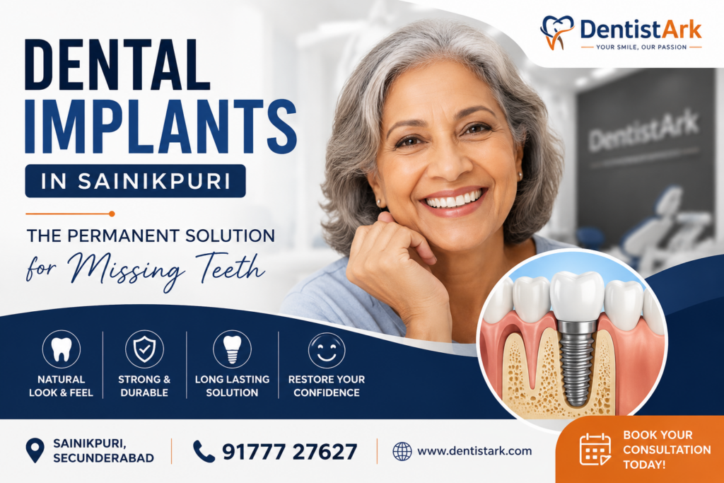 Dental implants in Sainikpuri at DentistArk Dental Clinic showing a smiling patient and dental implant replacing a missing tooth in Secunderabad.
