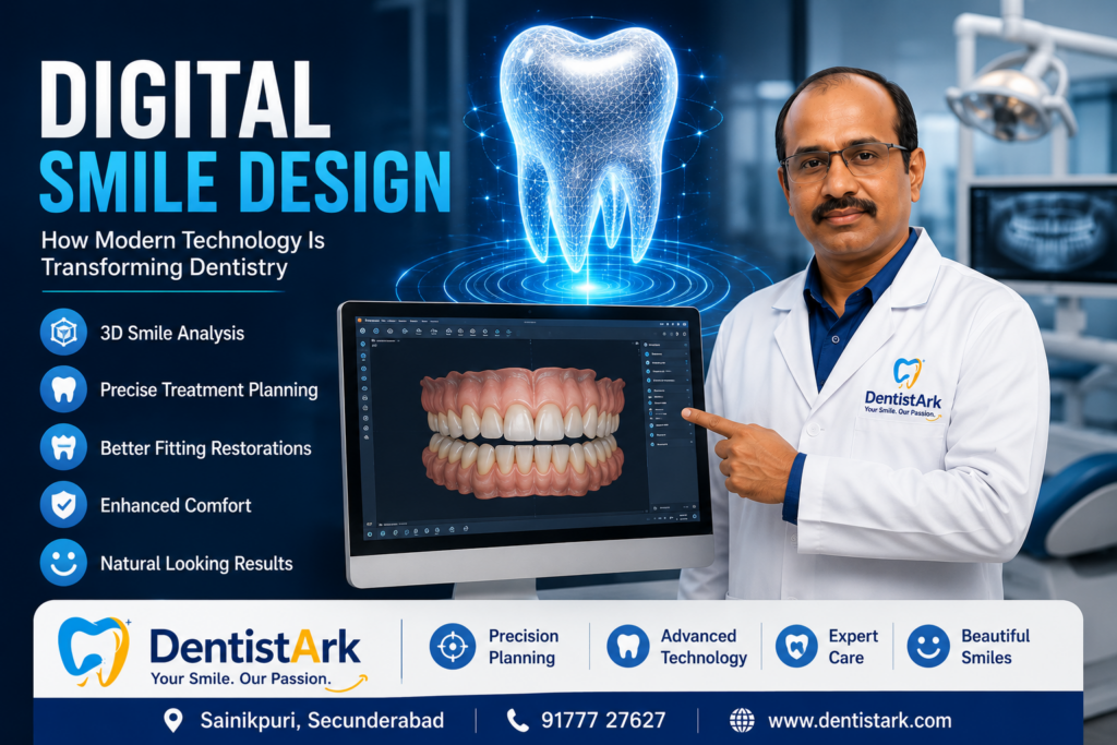 "Digital Smile Design at DentistArk Dental Clinic featuring 3D dental scanning, smile planning software, and Dr. Anil Kumar Reddy in Sainikpuri, Secunderabad."