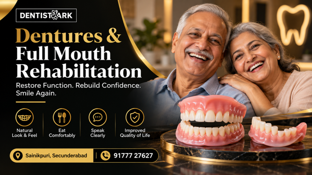 DentistArk dentures and full mouth rehabilitation banner featuring a smiling older couple, realistic full dentures, and benefits including natural appearance, comfortable eating, clear speech, and improved quality of life in Sainikpuri, Secunderabad.