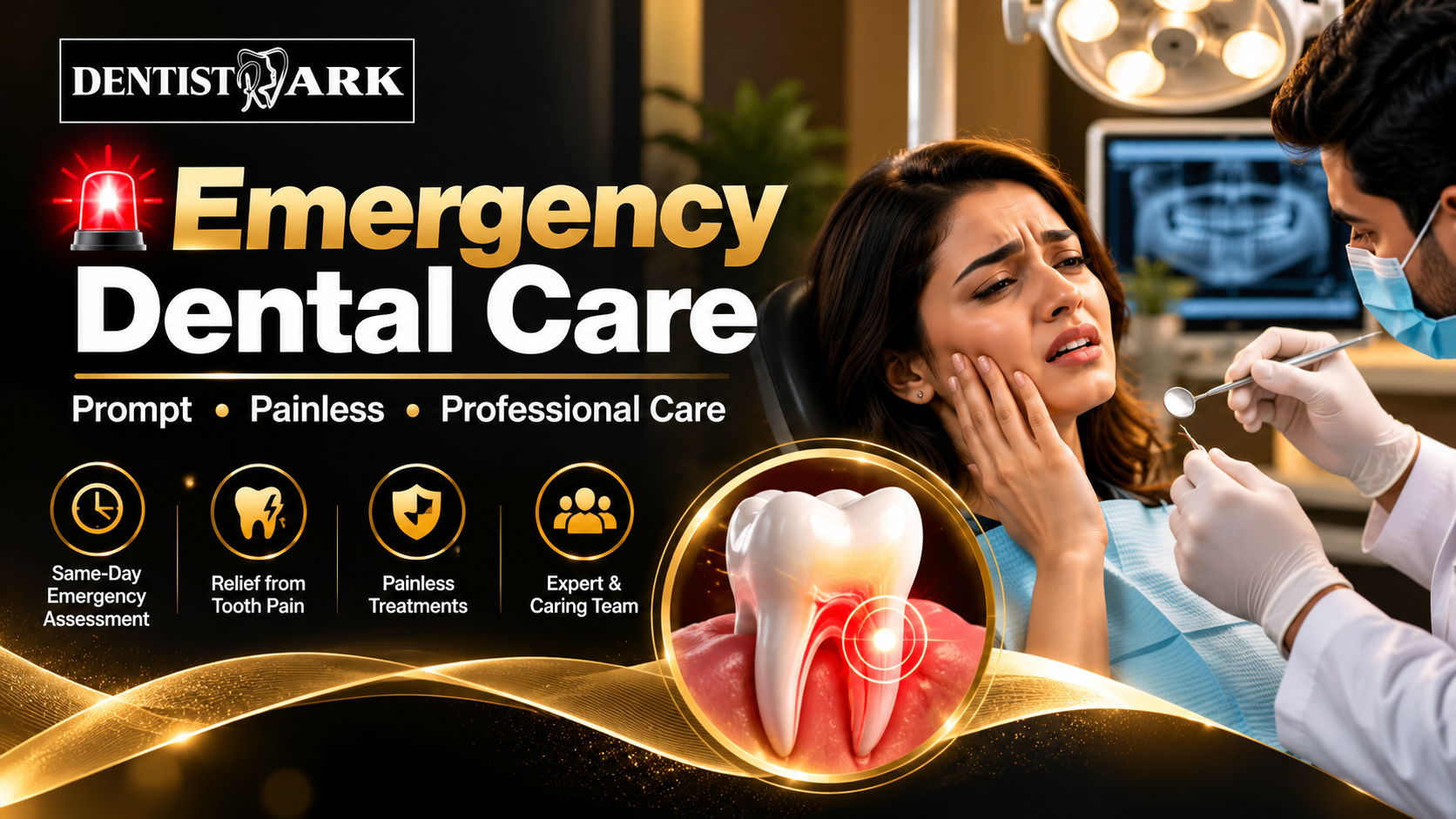 Emergency dentist in Sainikpuri treating a patient with sudden tooth pain at Dentistark