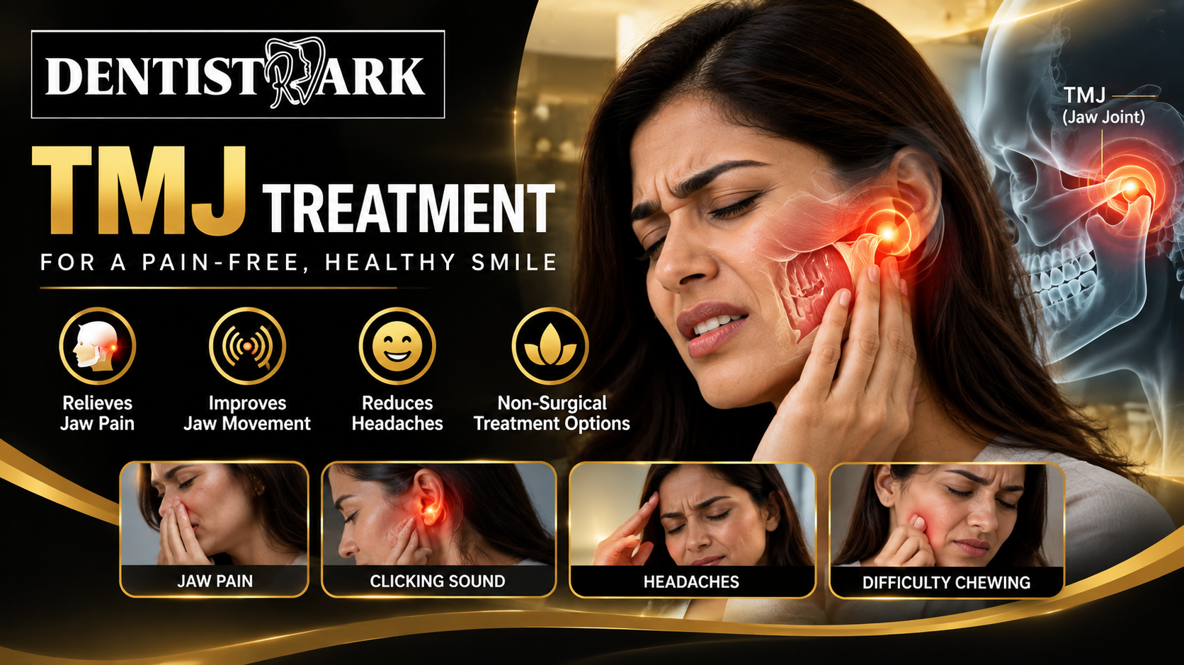 TMJ treatment at DentistArk in Sainikpuri, Secunderabad, for jaw pain, clicking sounds, headaches, and difficulty chewing.